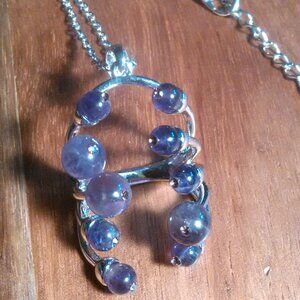 African Amethyst and Purple Austrian Crystal Silvertone Pendant Necklace